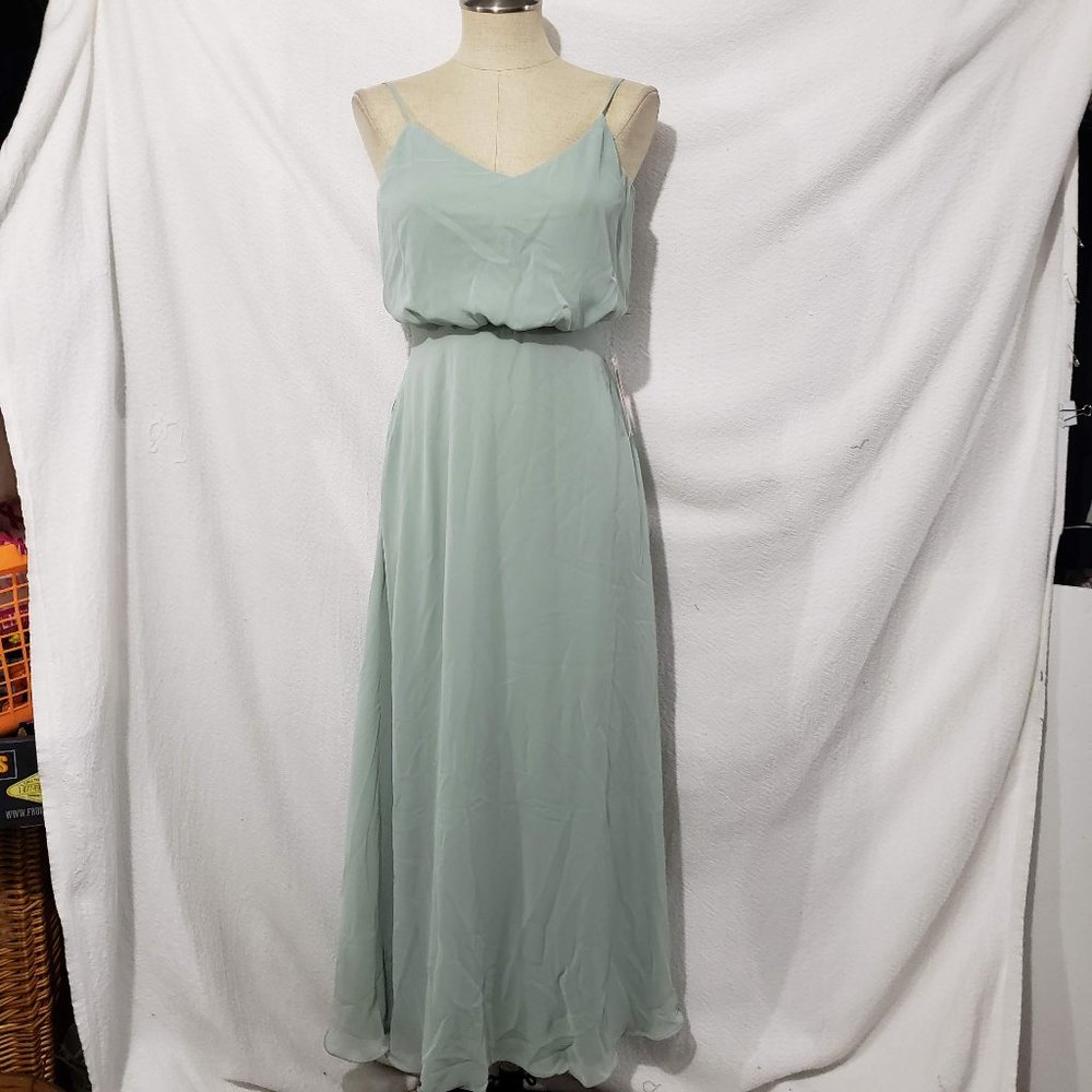 NWT Birdy Gray Light Green Maxi Formal Wedding Bridesmaid Strap Dress Chiffon S